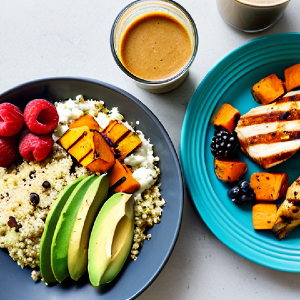 Post-Workout Meal**

A spread of healthy post-workout foods: grilled chicken breast, sweet potato, quinoa, avocado, and a protein shake with berries. The setting is a bright, modern kitchen with natural light. Focus on the vibrant colors of the food. safe for work, appropriate content, fully clothed, professional photography, perfect anatomy, natural proportions, modest.

**