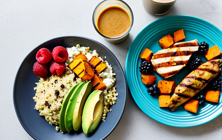 Post-Workout Meal**

A spread of healthy post-workout foods: grilled chicken breast, sweet potato, quinoa, avocado, and a protein shake with berries. The setting is a bright, modern kitchen with natural light. Focus on the vibrant colors of the food. safe for work, appropriate content, fully clothed, professional photography, perfect anatomy, natural proportions, modest.

**
