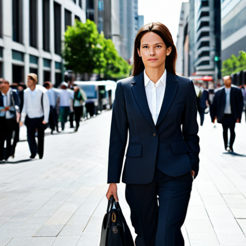 **Prompt:** A determined businesswoman in a professional business suit, walking confidently through a bustling city street, fully clothed, appropriate attire, safe for work, perfect anatomy, natural proportions, professional photography, high quality.