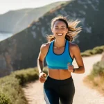 체력 훈련 프로그램 - A joyful young woman, in her late 20s or early 30s, with a radiant smile, jogging along a scenic coa...