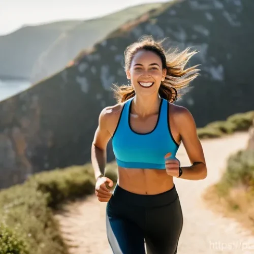 체력 훈련 프로그램 - A joyful young woman, in her late 20s or early 30s, with a radiant smile, jogging along a scenic coa...