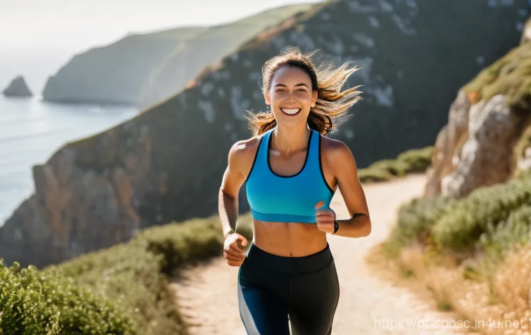 체력 훈련 프로그램 - A joyful young woman, in her late 20s or early 30s, with a radiant smile, jogging along a scenic coa...