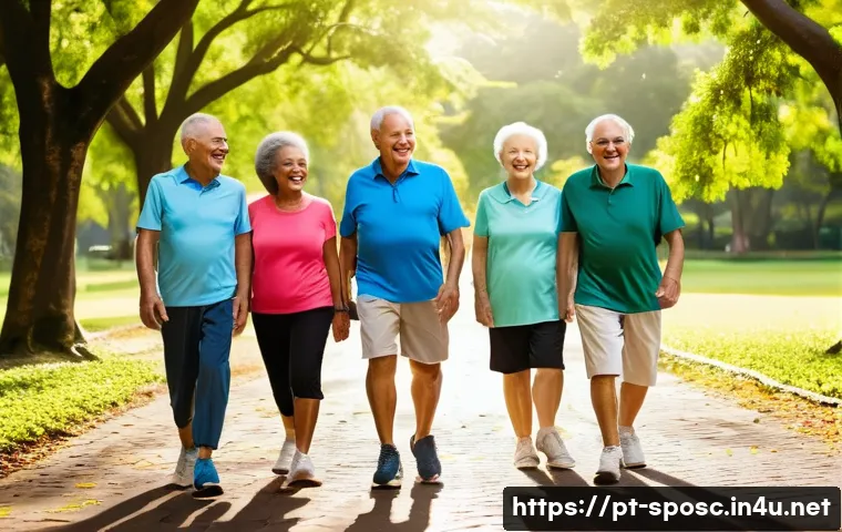 고령층 체력 훈련 - **Prompt 1: Joyful Morning Walk in a Brazilian Park**
    "A vibrant, wide-angle shot of a diverse g...