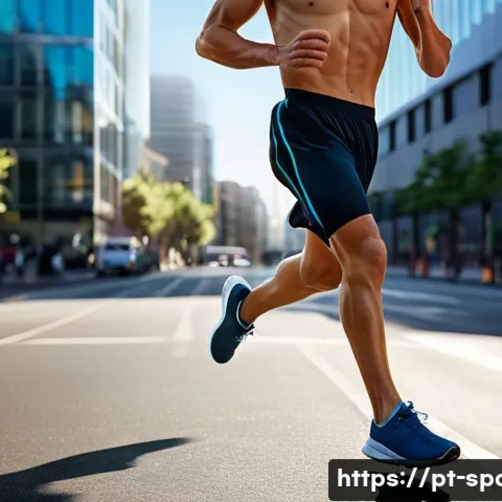 스포츠 바이오메chanics - A detailed and dynamic scene of an adult runner in athletic wear, captured mid-stride on a modern ci...