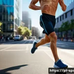 Home 22 스포츠 바이오메chanics - A detailed and dynamic scene of an adult runner in athletic wear, captured mid-stride on a modern ci...