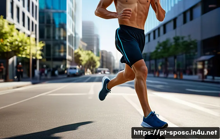 스포츠 바이오메chanics - A detailed and dynamic scene of an adult runner in athletic wear, captured mid-stride on a modern ci...