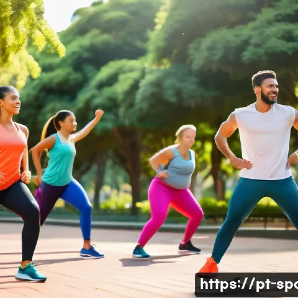 운동과 성과 - A diverse group of adults engaging in a dynamic warm-up session outdoors in a sunny urban park in Br...