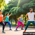 Home 19 운동과 성과 - A diverse group of adults engaging in a dynamic warm-up session outdoors in a sunny urban park in Br...