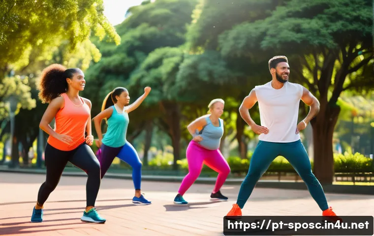 운동과 성과 - A diverse group of adults engaging in a dynamic warm-up session outdoors in a sunny urban park in Br...