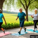 Home 18 운동과 면역 체계 - A vibrant outdoor scene showing a diverse group of middle-aged and elderly people engaging in variou...