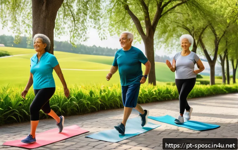 운동과 면역 체계 - A vibrant outdoor scene showing a diverse group of middle-aged and elderly people engaging in variou...