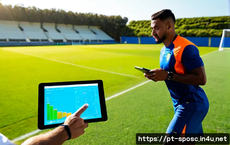 Home 17 스포츠 퍼포먼스 분석 - Photorealistic sports performance analysis scene in a modern Brazilian football training facility, a...