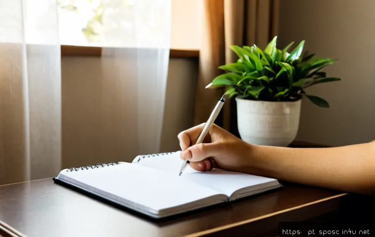 Home 17 멘탈 관리 훈련 - Photorealistic Brazilian adult practicing mental resilience at a tidy home desk, calmly writing in a...