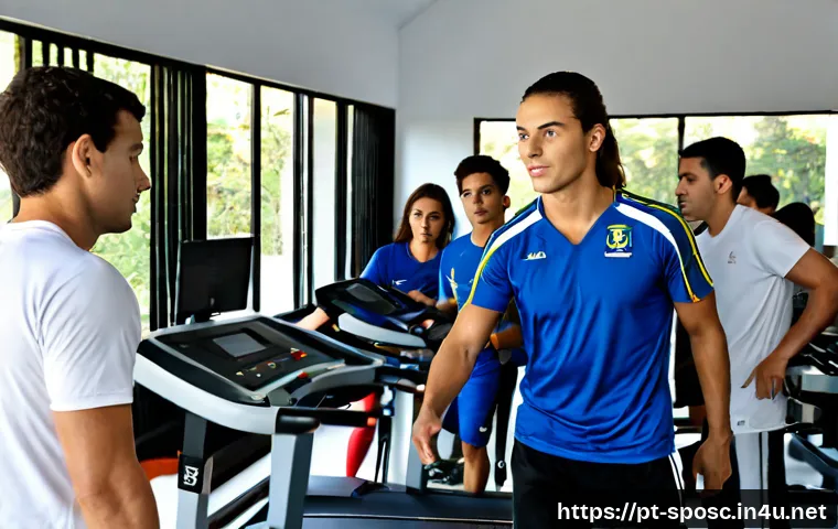 학문적 접근을 통한 스포츠 이해 - Photorealistic sports science laboratory in Brazil, diverse university students in athletic clothing...
